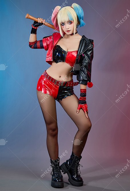 Disfraz de cosplay de la chica del payaso del Escuadrón suicida de Isekai, top y pantalones cortos con chaqueta y gargantilla