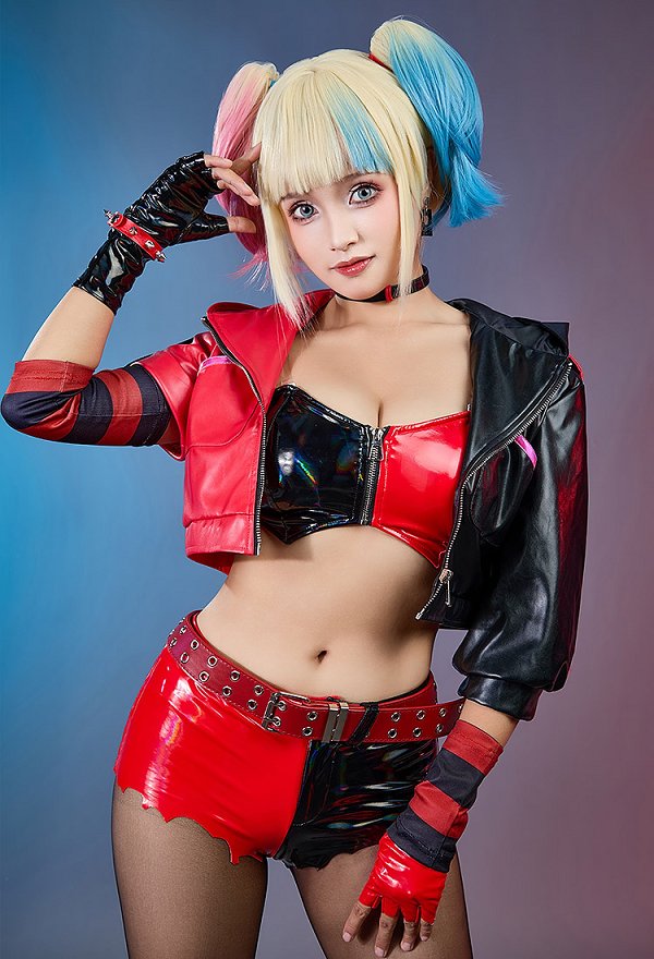 Disfraz de cosplay de la chica del payaso del Escuadrón suicida de Isekai, top y pantalones cortos con chaqueta y gargantilla