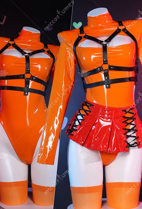 Velma Derivative Sexy Lingerie Costume Outfit Orange Chest Open Bodysuit and Lace-up Mini Skirt with Socks