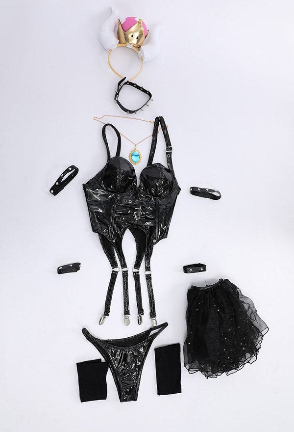 Hime Girl Bowser Princess Derivative Sexy Lingerie Set with Headpiece Choker Thong and Stockings