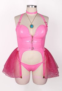 Plus Size Halloween Peach Princess Derivative Sexy Lingerie Set Pink Zipper Top Thong with Skirt Choker