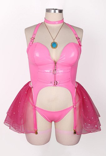 Plus Size Halloween Melocotón Princesa Derivada Sexy Lencería Conjunto Rosa Cremallera Top Tanga con Falda Gargantilla