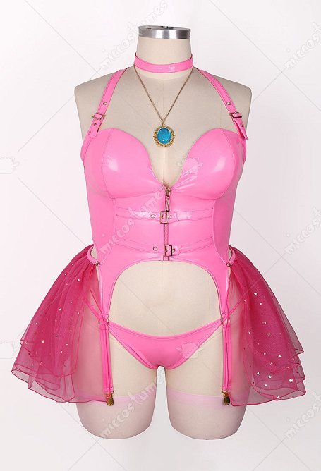 Plus Size Halloween Melocotón Princesa Derivada Sexy Lencería Conjunto Rosa Cremallera Top Tanga con Falda Gargantilla