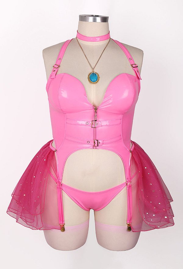 Plus Size Halloween Melocotón Princesa Derivada Sexy Lencería Conjunto Rosa Cremallera Top Tanga con Falda Gargantilla