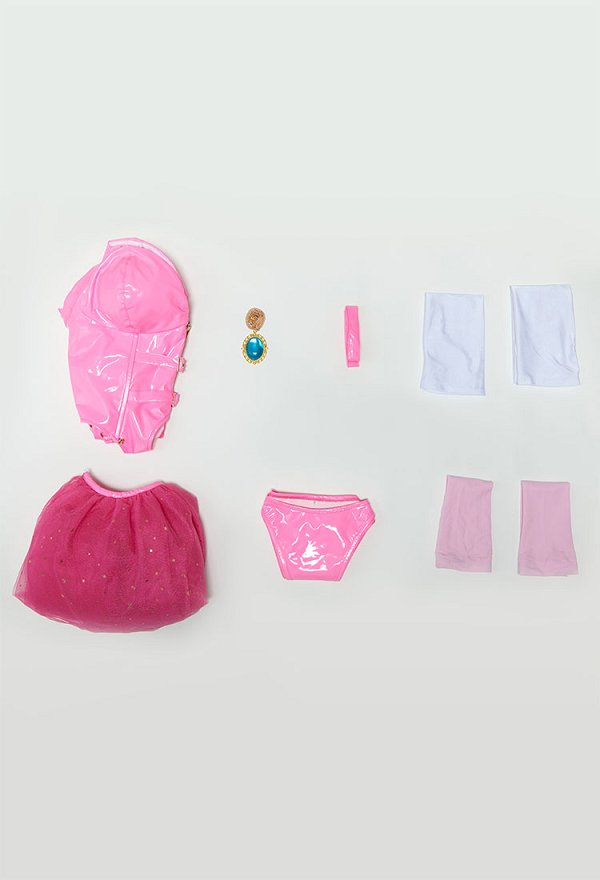 Plus Size Halloween Melocotón Princesa Derivada Sexy Lencería Conjunto Rosa Cremallera Top Tanga con Falda Gargantilla