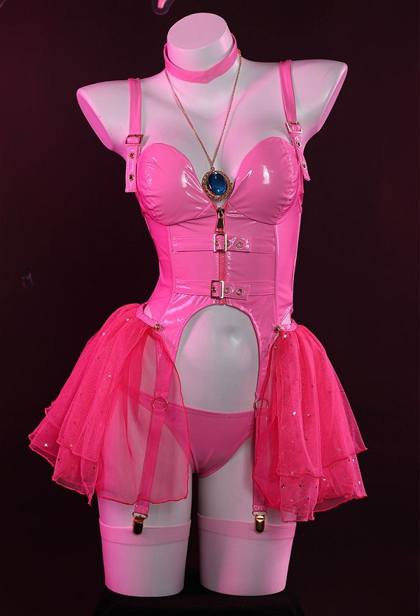 Halloween Women Peach Pink Princess Derivative Lingerie Set with Choker Gloves Thong and Stockings