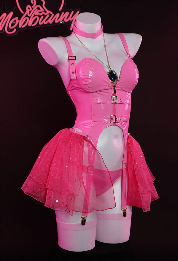 Halloween Women Peach Pink Princess Derivative Lingerie Set with Choker Gloves Thong and Stockings