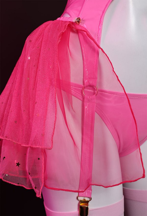 Halloween Women Peach Pink Princess Derivative Lingerie Set with Choker Gloves Thong and Stockings