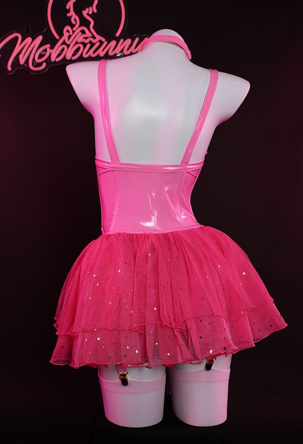 Halloween Women Peach Pink Princess Derivative Lingerie Set with Choker Gloves Thong and Stockings