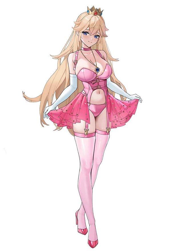 Halloween Women Peach Pink Princess Derivative Lingerie Set with Choker Gloves Thong and Stockings