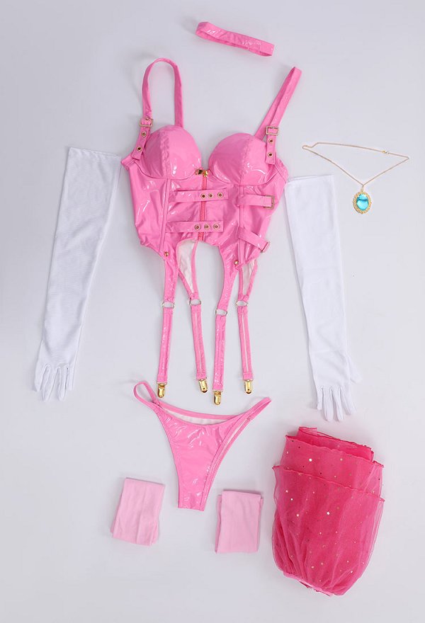 Halloween Women Peach Pink Princess Derivative Lingerie Set with Choker Gloves Thong and Stockings
