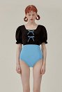 Women Blue Black Color Contrast One Piece Swimsuit High Cut Puff Sleeve Swimwear Beach Wear Back Hollow Square Collar Monokini Bathing Suit with Pads