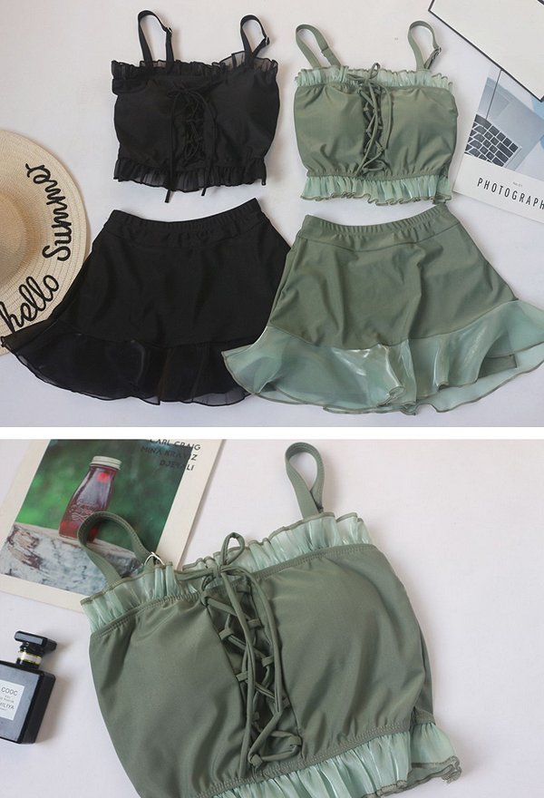 Woman Sexy Cute Lace-Decorated Crossing Strapped Lingerie and Skirt Two Piece Bikini Set Swimsuit Beach Swimwear Suit Bathing Suit