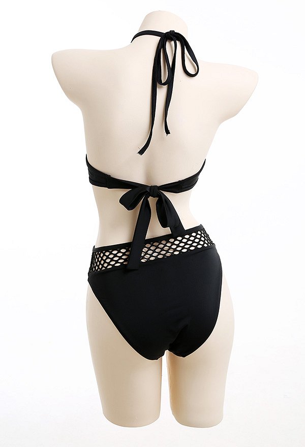 Miccostumes Trajes de baño para mujer Trajes de baño de estilo gótico Con rejilla y cordones para atar por ti misma Conjunto de bikini con top y pantalones cortos