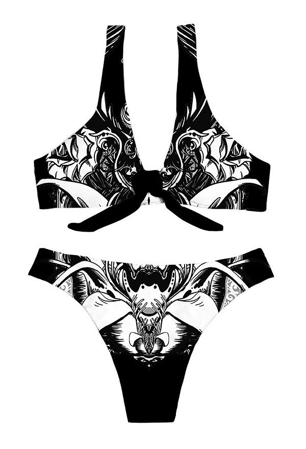 Woman Fashion Summer Attraction Tie Knot Front Two Piece Bikini Black Floral Printed Swimwear Bathing Suit
