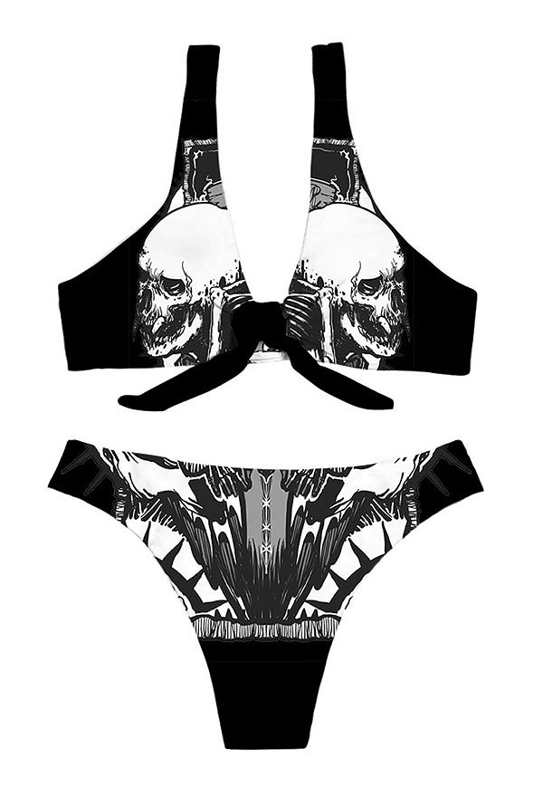 Woman Fashion Summer Attraction Tie Knot Front Two Piece Bikini Black Floral Printed Swimwear Bathing Suit