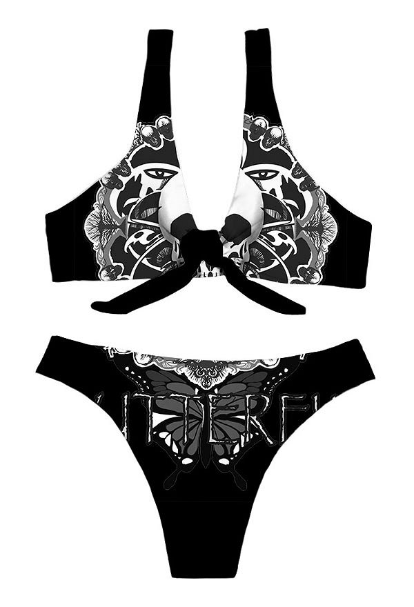 Woman Fashion Summer Attraction Tie Knot Front Two Piece Bikini Black Floral Printed Swimwear Bathing Suit