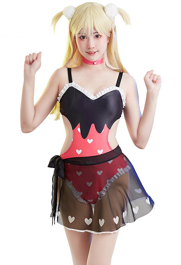 Miccostumes Swimsuits for Women Kawaii Bathing Suit Heart Prints One-piece Swimwear with Wrap Skirt