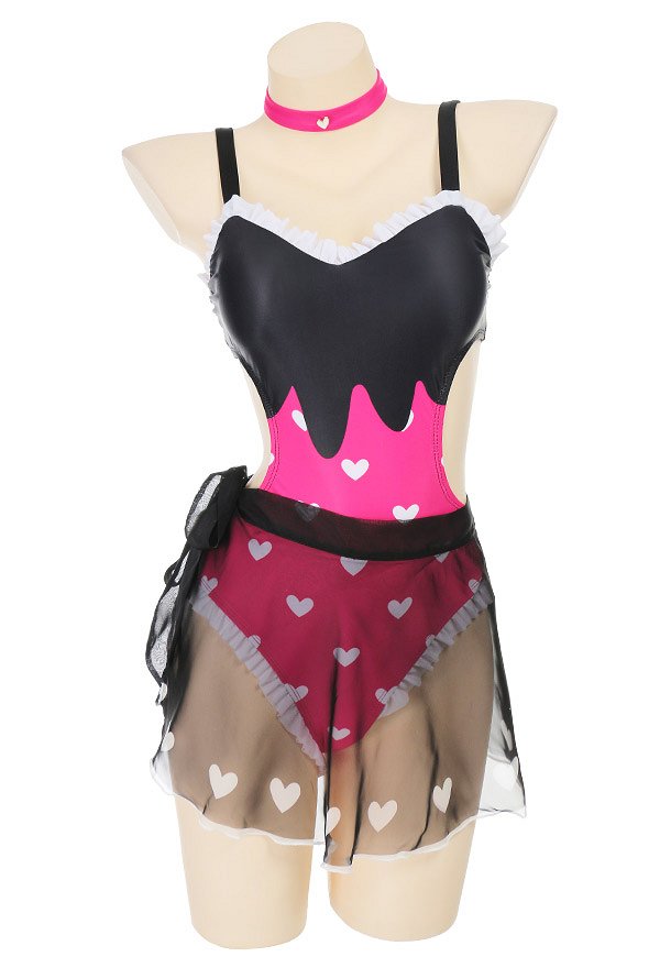 Miccostumes Swimsuits for Women Kawaii Bathing Suit Heart Prints One-piece Swimwear with Wrap Skirt