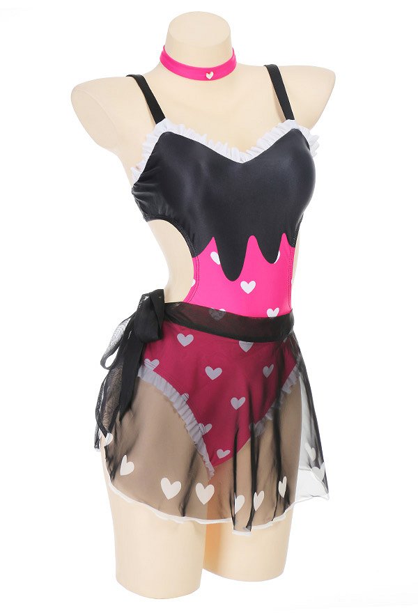 Miccostumes Swimsuits for Women Kawaii Bathing Suit Heart Prints One-piece Swimwear with Wrap Skirt
