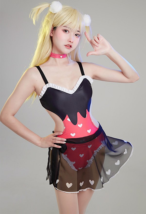 Miccostumes Swimsuits for Women Kawaii Bathing Suit Heart Prints One-piece Swimwear with Wrap Skirt