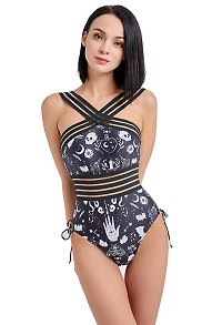 Miccostumes Swimsuits for Women Gothic Dark Style Bathing Suit Cross Strap One-Piece Swimwear