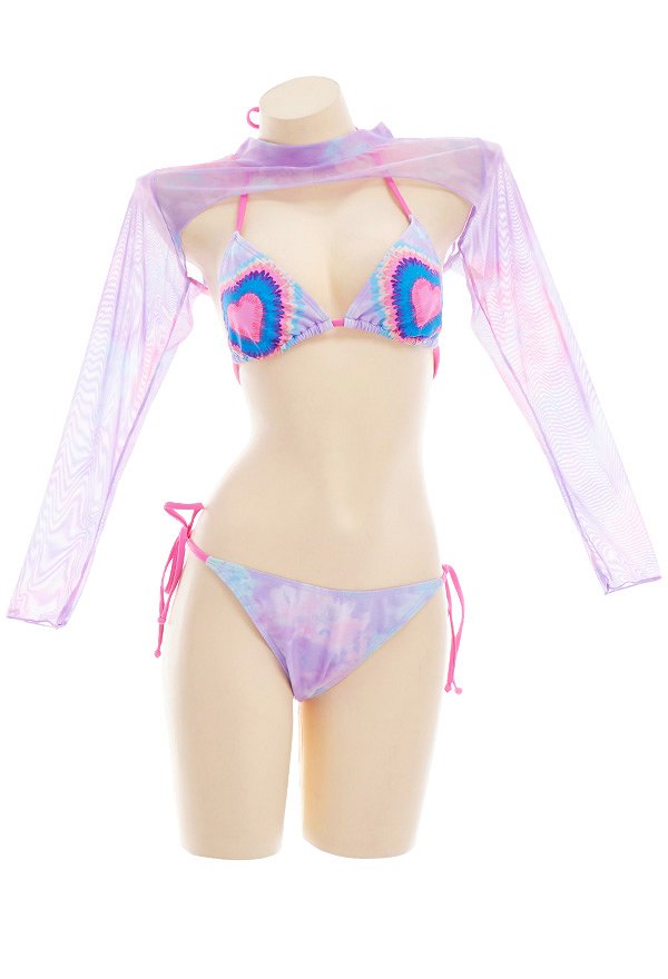 Miccostumes Swimsuits for Women Tie-Dye Heart Top and Straps Bottom Bathing Suit Sexy Swimwear Bikini Sets with Pullover Haori Coverup