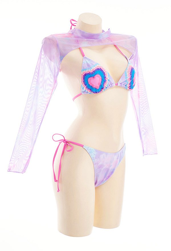 Miccostumes Swimsuits for Women Tie-Dye Heart Top and Straps Bottom Bathing Suit Sexy Swimwear Bikini Sets with Pullover Haori Coverup