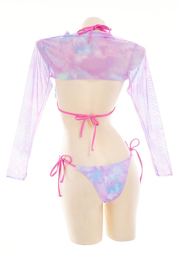 Miccostumes Swimsuits for Women Tie-Dye Heart Top and Straps Bottom Bathing Suit Sexy Swimwear Bikini Sets with Pullover Haori Coverup