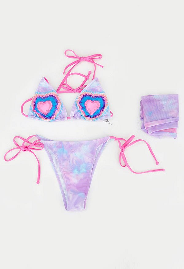 Miccostumes Swimsuits for Women Tie-Dye Heart Top and Straps Bottom Bathing Suit Sexy Swimwear Bikini Sets with Pullover Haori Coverup