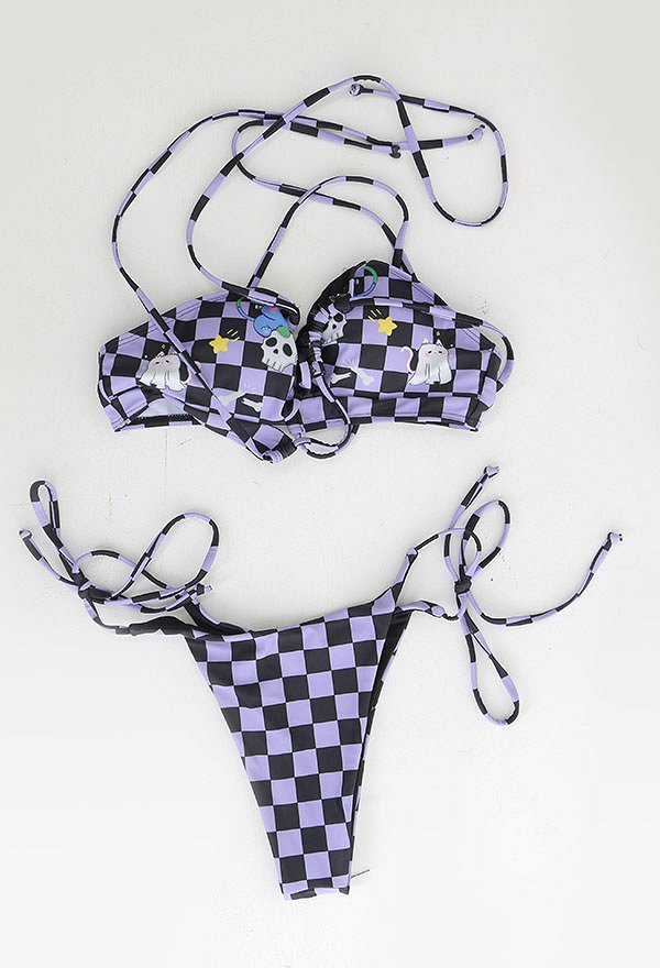 Miccostumes Swimsuits for Women Purple Black Plaid Swimwear Sexy Bathing Suit Lace Up Top and Shorts Bikini Sets