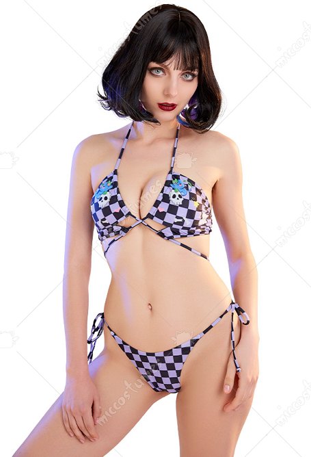Miccostumes Swimsuits for Women Purple Black Plaid Swimwear Sexy Bathing Suit Lace Up Top and Shorts Bikini Sets