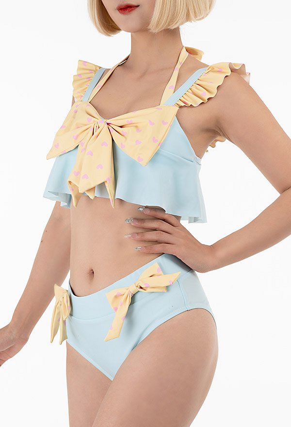 Miccostumes Swimsuit Femme Maillot de Bain Deux Pièces Bikini à Motif de Cœur avec Nœud Papillon