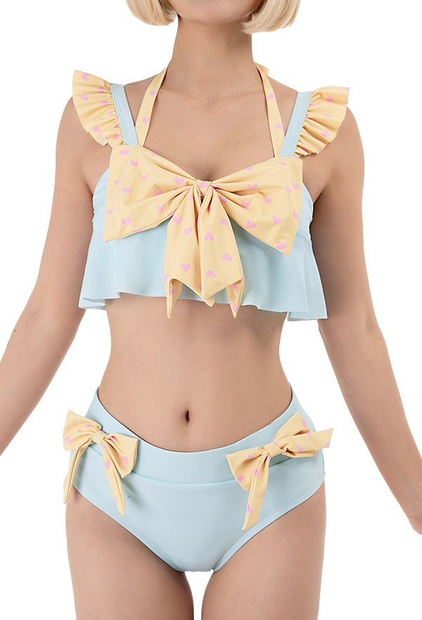 Miccostumes Swimsuit Femme Maillot de Bain Deux Pièces Bikini à Motif de Cœur avec Nœud Papillon