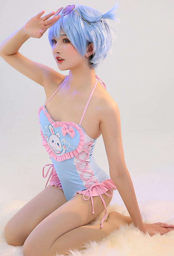 Miccostumes Swimsuits Femme Maillot de Bain Une Pièce Justaucorps Kawaii avec Impression de Lapin