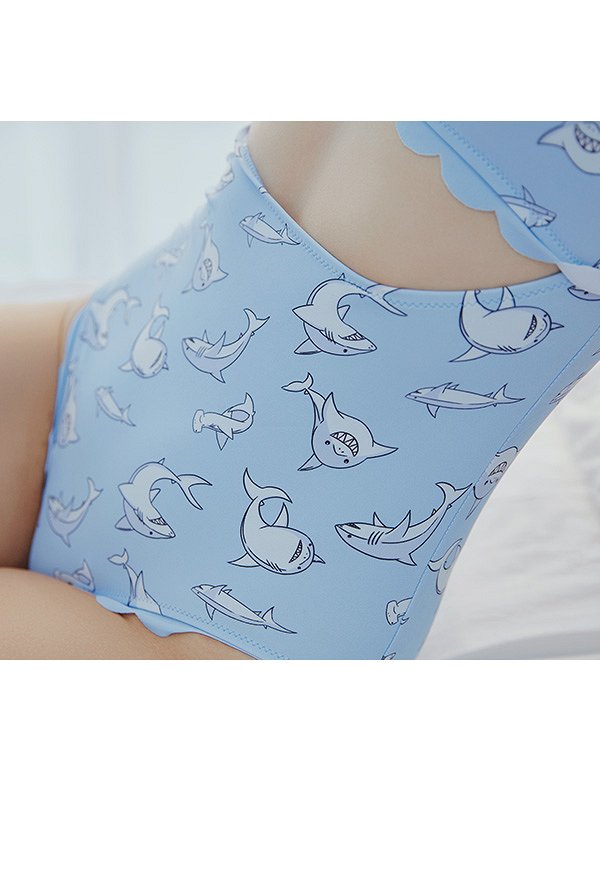 Miccostumes Swimsuits for Women Shark Pattern Bathing Suit Cute Scallop Trim One-piece Swimwear
