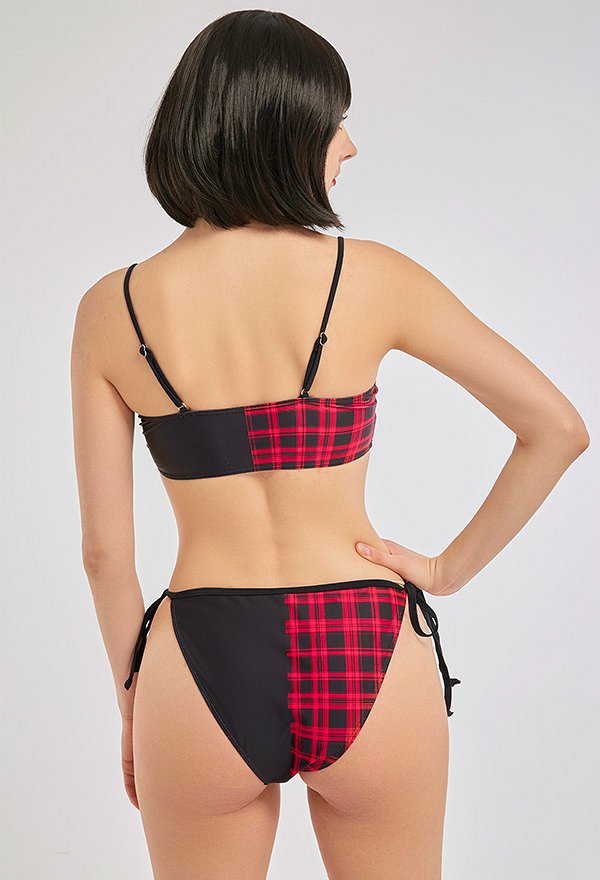 Miccostumes Swimsuits for Women Gothic Punk Swimwear Skull Plaid Pattern Bathing Suit Top and Shorts Bikini Sets