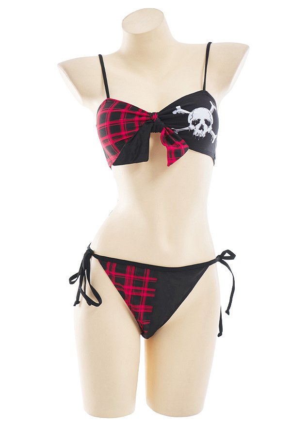 Miccostumes Swimsuits for Women Gothic Punk Swimwear Skull Plaid Pattern Bathing Suit Top and Shorts Bikini Sets