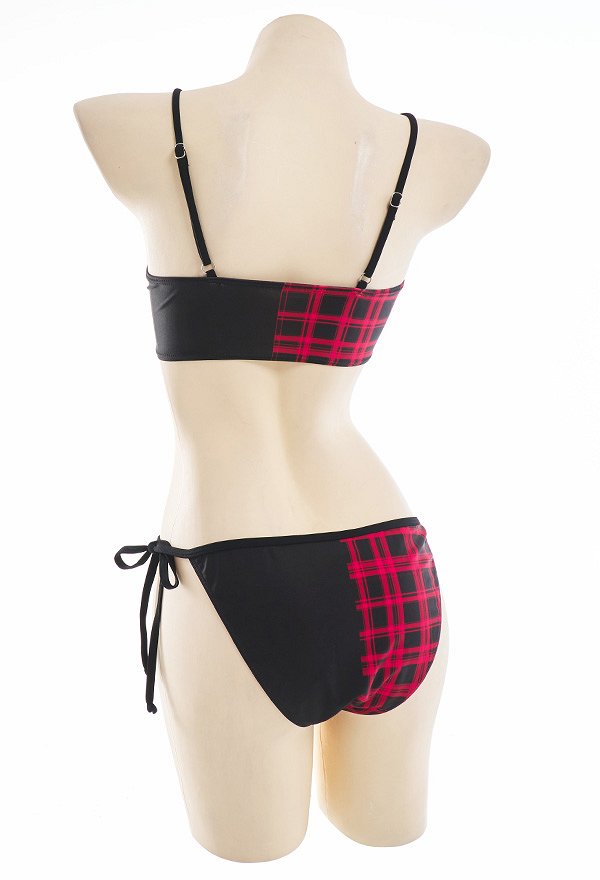 Miccostumes Swimsuits for Women Gothic Punk Swimwear Skull Plaid Pattern Bathing Suit Top and Shorts Bikini Sets