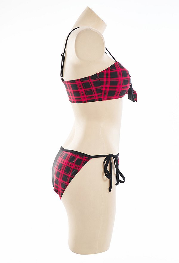 Miccostumes Swimsuits for Women Gothic Punk Swimwear Skull Plaid Pattern Bathing Suit Top and Shorts Bikini Sets