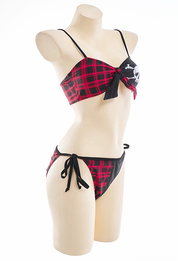 Miccostumes Swimsuits for Women Gothic Punk Swimwear Skull Plaid Pattern Bathing Suit Top and Shorts Bikini Sets