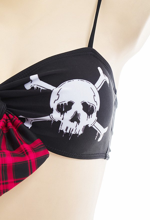 Miccostumes Swimsuits for Women Gothic Punk Swimwear Skull Plaid Pattern Bathing Suit Top and Shorts Bikini Sets
