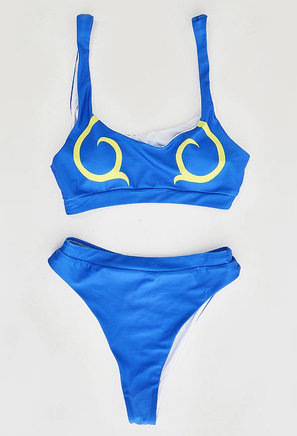 Chun-Li Derivative Swimsuit for Bathing Two Piece Yellow Pattern Top and Blue Bottoms Bathing Suit Sporty Swimwear Chun-Li Derivative Swimsuit for Bathing Two Piece Yellow Pattern Top and Blue Bottoms Bathing Suit Sporty Swimwear