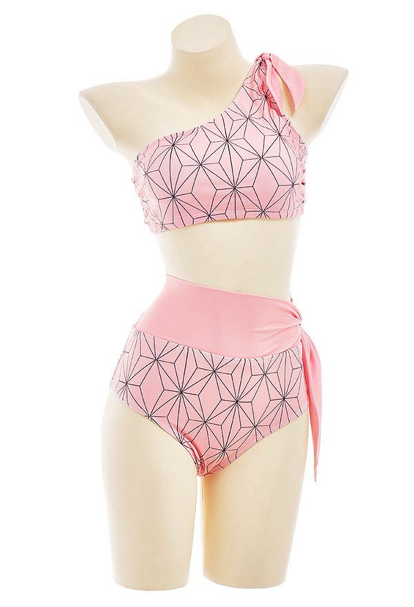Miccostumes Swimsuits Argyle Prints for Bathing Bikini Set One-Shoulder Top and High Waist Shorts Two Piece Bathing Suit Swimwear