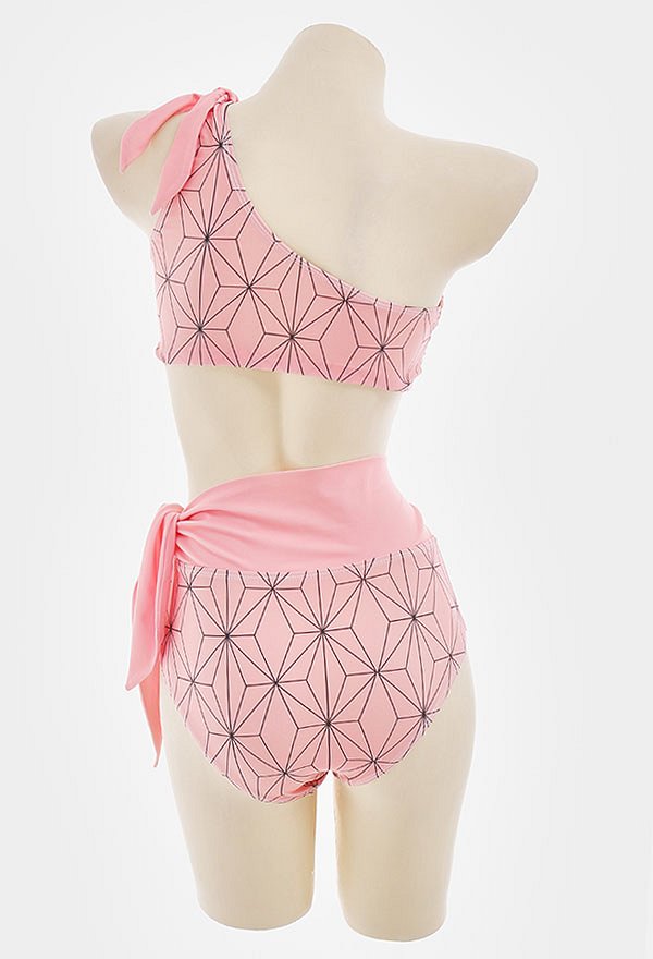 Miccostumes Swimsuits Argyle Prints for Bathing Bikini Set One-Shoulder Top and High Waist Shorts Two Piece Bathing Suit Swimwear