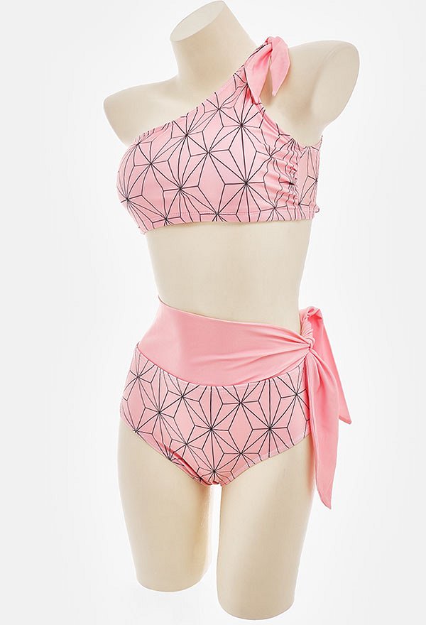 Miccostumes Swimsuits Argyle Prints for Bathing Bikini Set One-Shoulder Top and High Waist Shorts Two Piece Bathing Suit Swimwear