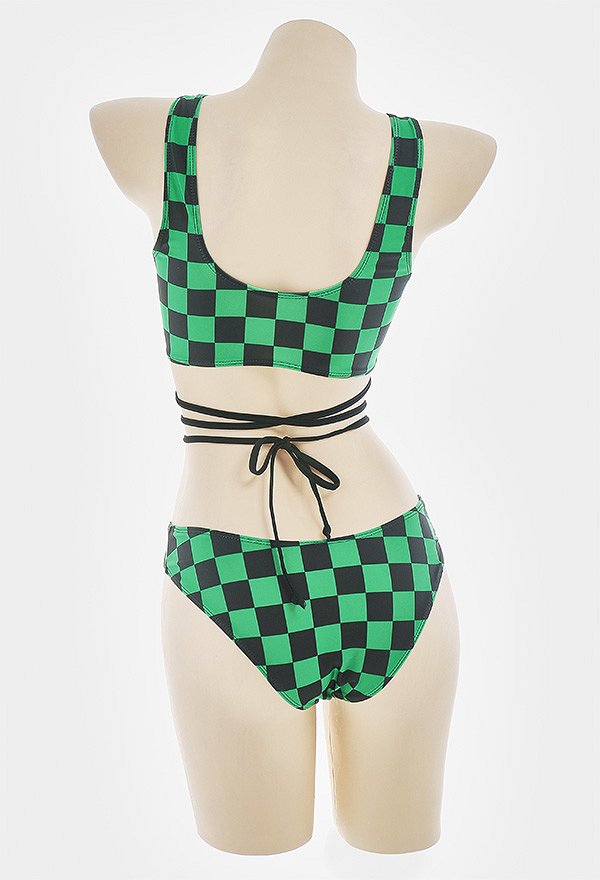 Swimsuit Femme Maillot de Bain Deux Pièces Bikini Cosplay Motif Plaid Vert avec Sangle Croisée Swimsuit Femme Maillot de Bain Deux Pièces Bikini Cosplay Motif Plaid Vert avec Sangle Croisée