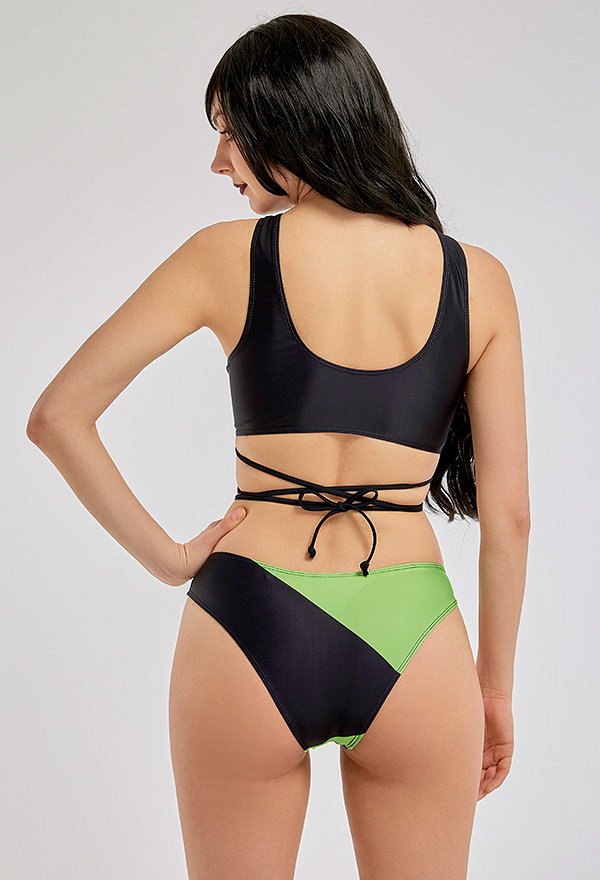 Miccostumes Swimsuits Bikini Niedriger Kragen Badeanzug Schnürung Swimsuit in Grün Schwarz