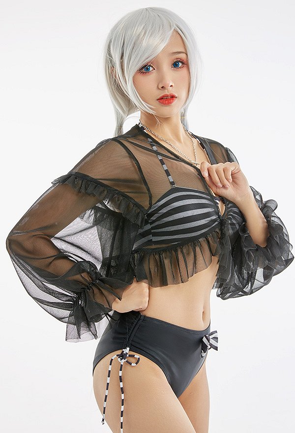 Miccostumes Trajes de baño para mujer Traje de baño negro con rayas blancas Conjunto de bikini sexy con top halter y pantalones cortos con pareo