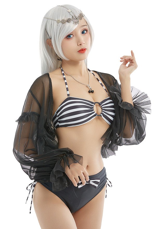 Miccostumes Trajes de baño para mujer Traje de baño negro con rayas blancas Conjunto de bikini sexy con top halter y pantalones cortos con pareo